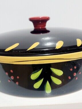 Gibson Elite Covered Serving Bowl Casserole Dish 9" Hand Painted Black Yellow
